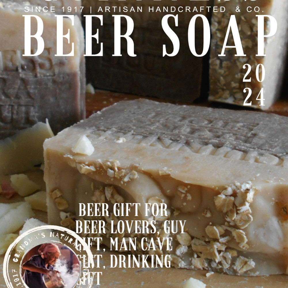 Bar made with Guinness beer soap, features layers of dark brown, light brown, and beige with "STOUT GUINNESS" embossed on it. The rough-textured soap includes oatmeal pieces embedded in the beige layer at the bottom and helps soften your skin.